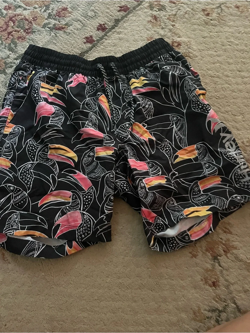 Hurley Black Swim Shorts with Pink & Yellow Toucan Print